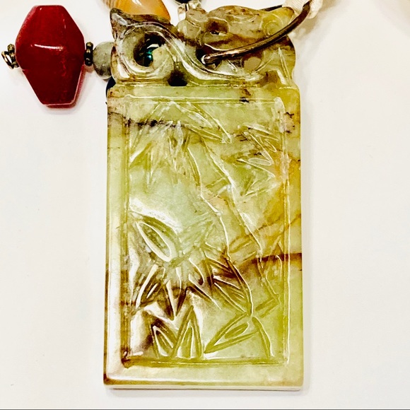 🌿Hand-carved Natural Jade Stone Necklace w/ Lapis Lazuli Onyx Gemstone Accents - Picture 3 of 15